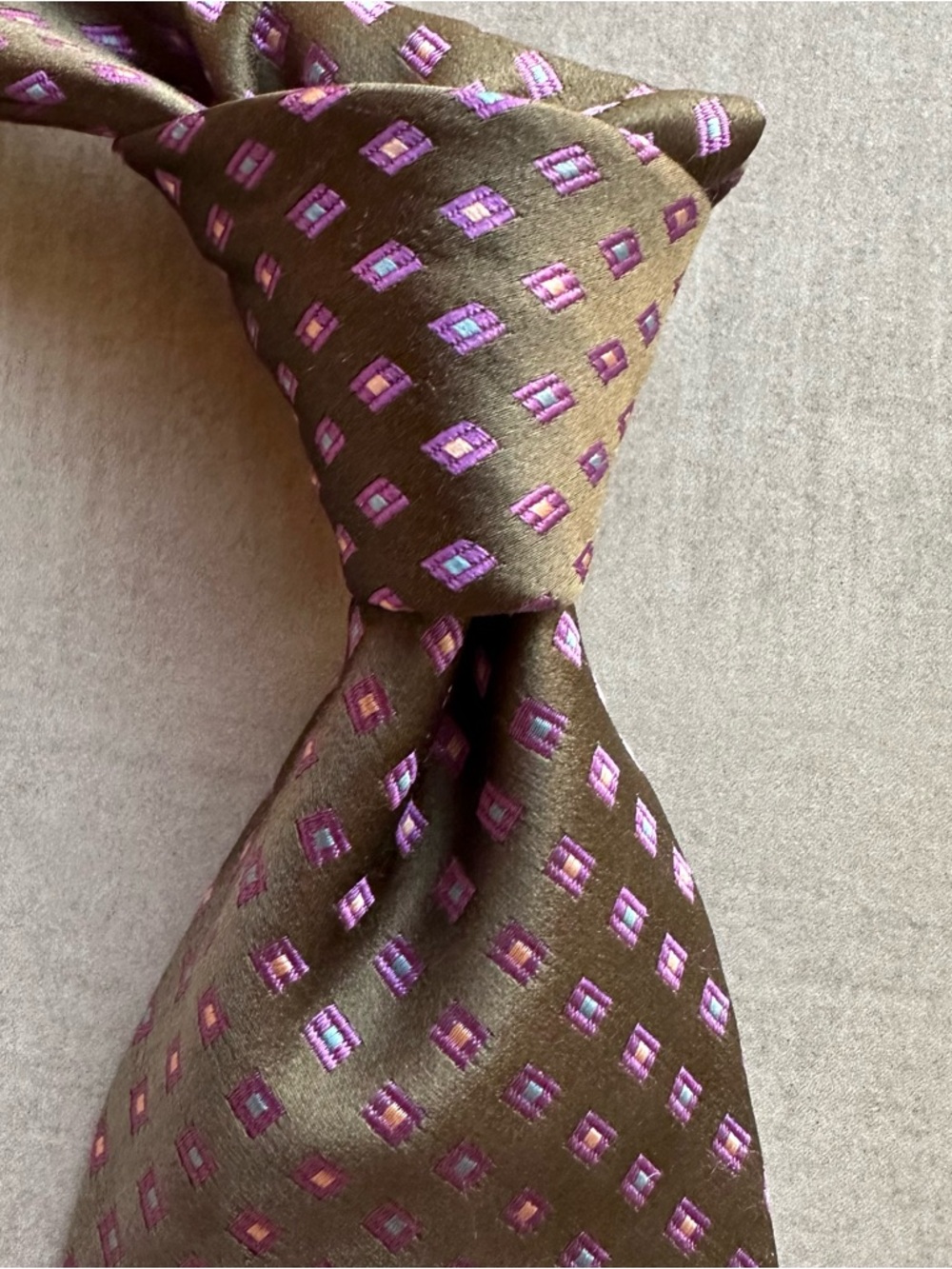 Canali Olive Silk Tie with Pink and Lavender Square Motif